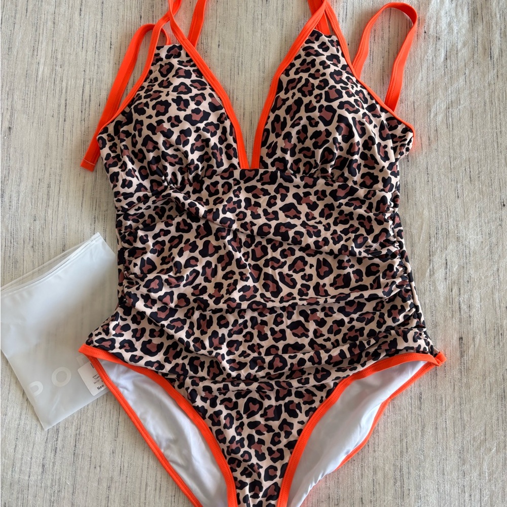 Leopard Print One-Piece Swimsuit with Orange Trim - Women Swim